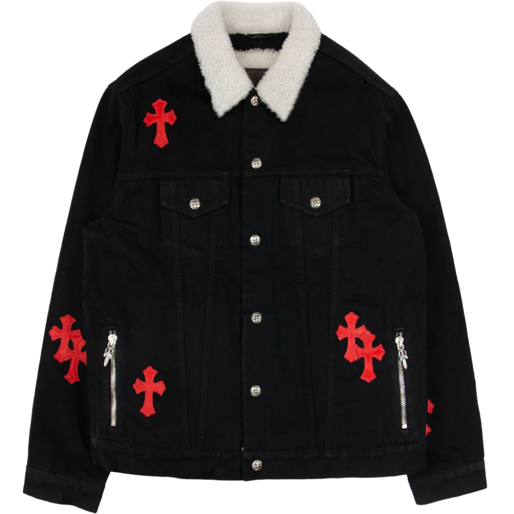 Red Leather Patch Shearling Denim Trucker | Chrome Hearts