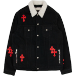 Red Leather Patch Shearling Denim Trucker | Chrome Hearts