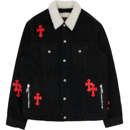 Red Leather Patch Shearling Denim Trucker | Chrome Hearts