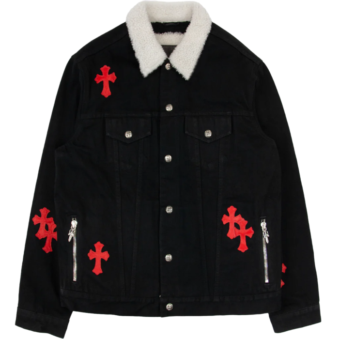 Red Leather Patch Shearling Denim Trucker | Chrome Hearts