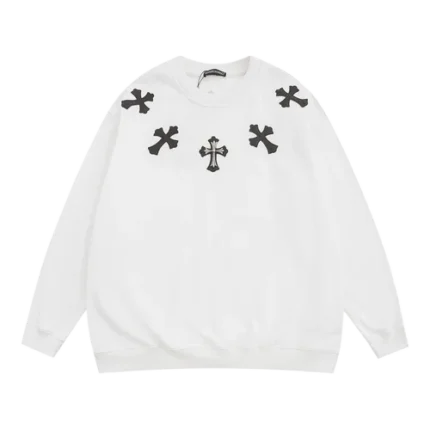 Chrome Hearts 5 Black Leather Patches White Sweatshirt