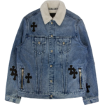 Black Leather Patch Shearling Blue Denim Trucker | Chrome Hearts