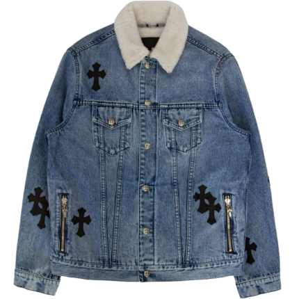 Black Leather Patch Shearling Blue Denim Trucker | Chrome Hearts