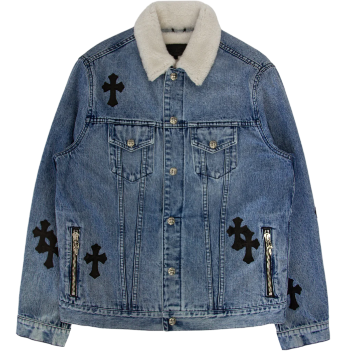 Black Leather Patch Shearling Blue Denim Trucker | Chrome Hearts