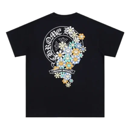 Black Chrome Hearts Logo and Flower Themed T Shirt