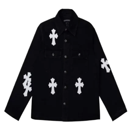 White Leather Cross Patch Denim Jacket