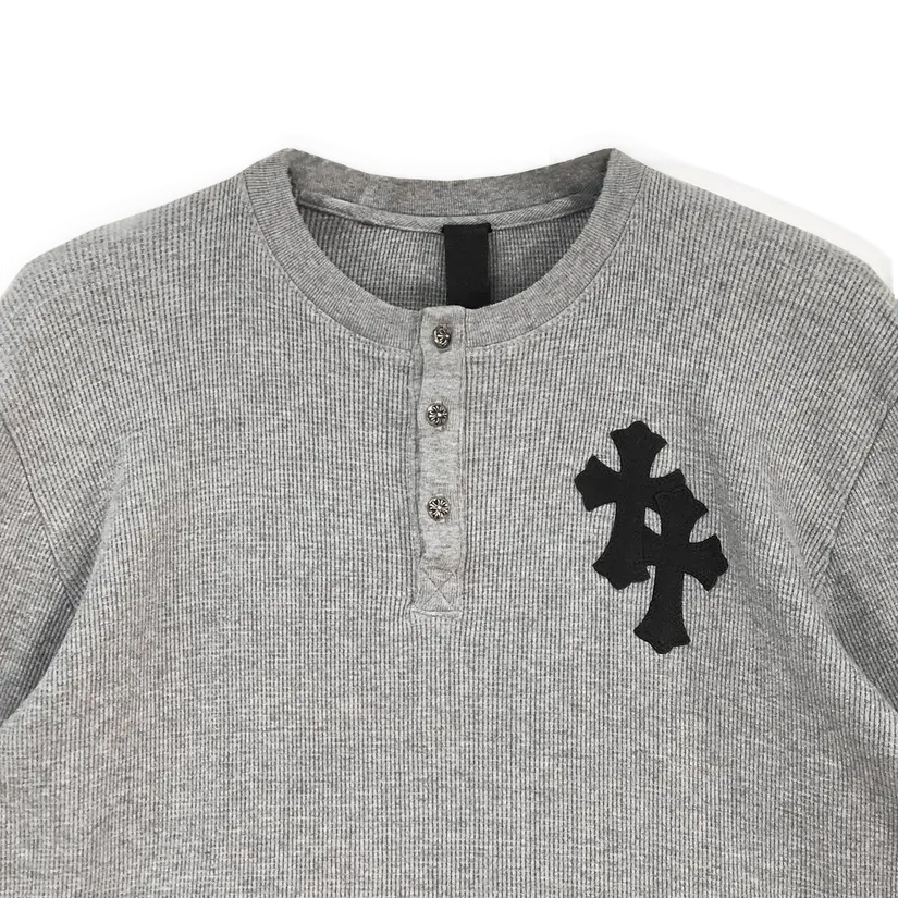 Gray Thermal Silver Buttons with Leather Cross Patch Long Sleeve Tshirt 2 transformed