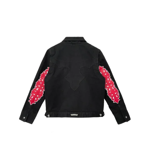 Red Floral Cross Leather Patches Chrome Hearts Black Denim Jacket